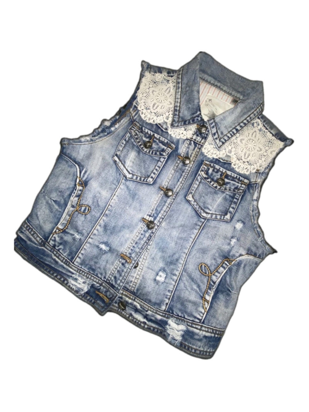 White Crow Distressed Denim & Crochet Lace Vest Womens Lg Boho